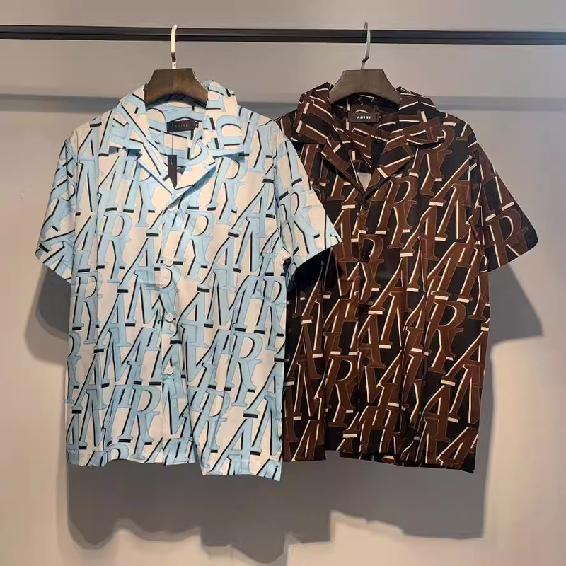 2024 summer new European and American fashion brand AMIRI lapel full length letter printed men's retro short sleeve shirt