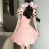 Sexy hollow mesh patchwork large hem sweet and spicy low cut dress