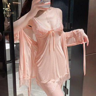 Sexy Lingerie Set with Transparent Mesh Nightgown, Lace Camisole, and Robe for Women