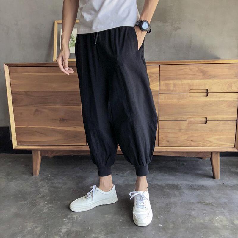 Men's Cotton-Linen Cropped Pants, Tapered Carrot Pants, Chinese Style Trendy Sports Casual Pants, Summer Loose Jogger Harem Pants