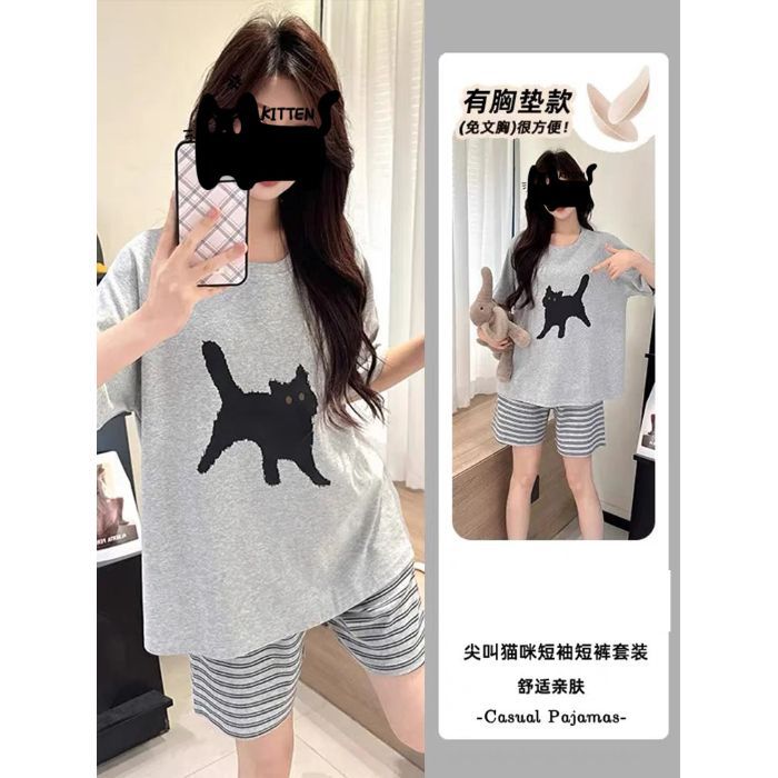 Venta al por mayor transfronteriza con almohadilla para el pecho Pijamas pequeños nuevos pantalones cortos de manga corta de verano para mujer, lindo traje de servicio a domicilio coreano, algodón de imitación