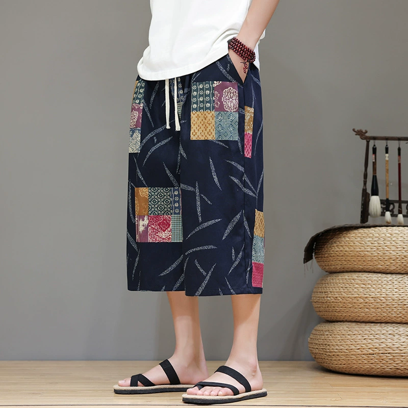 Summer trousers, cotton beach shorts for elementary school students, Chinese style, oversize, loose straight fit