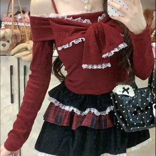 純欲蝴蝶結蕾絲花邊長袖針織衫高腰荷葉邊蓬蓬半身裙兩件套裝裙女