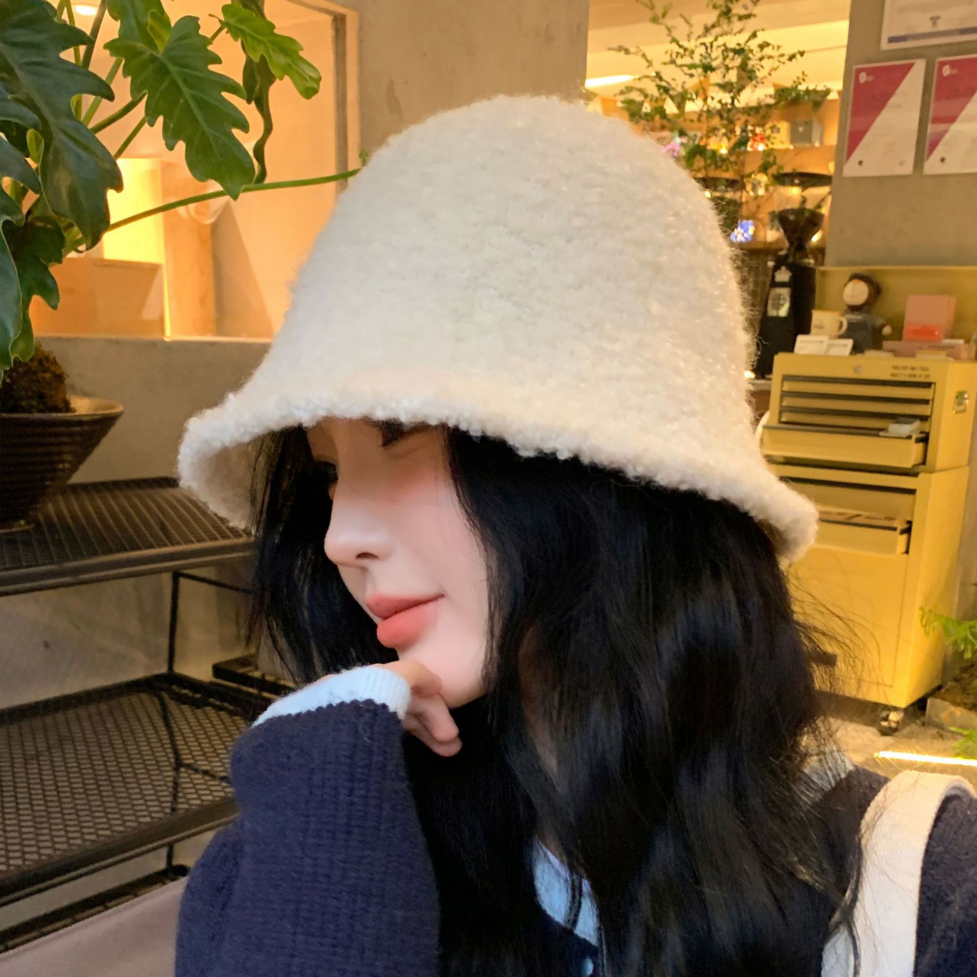 Chapeau seau en peluche pour femmes, couleur unie, Simple, mode coréenne, chaleur extérieure, petit chapeau, nouvelle collection automne et hiver_voghion.com