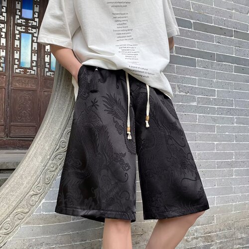 Summer ice silk shorts, men's China style, dragon pattern, jacquard sports quarter pants, loose outer wear, thin casual beach pants