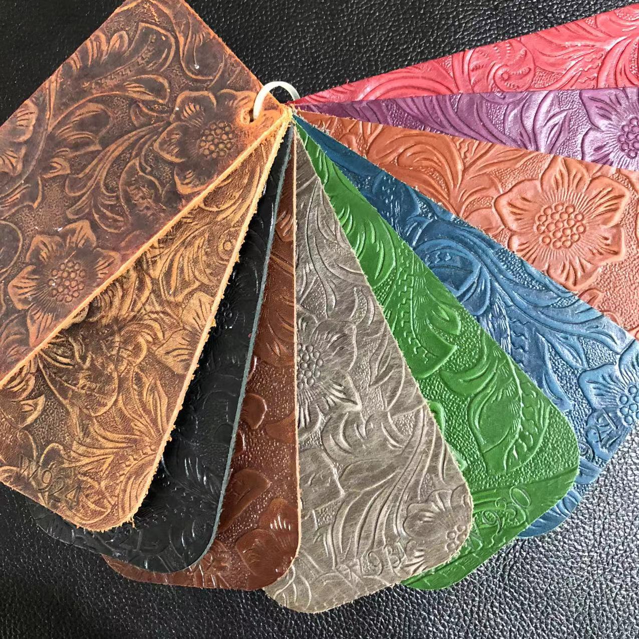 工厂直供头层油蜡虫草花牛皮皮具包包用变色皮压花虫草花纹牛皮