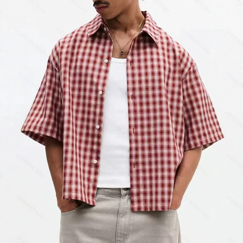 Men's Short-Sleeved Loose Button-Down Plaid Shirt, Summer Casual Regular Fit Woven Top Men's Short-Sleeved Loose Button-Down Plaid Shirt, Summer Casual Regular Fit Woven Top