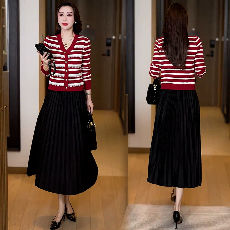 Твидовое платье для женщин 2025 весна новый стиль стройнящий полосатый трикотаж комбинированная юбка средней длины