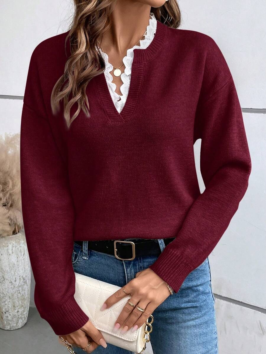 Damen Strickpullover Mit V-ausschnitt Und Spitzenbesatz Langarm_voghion.com