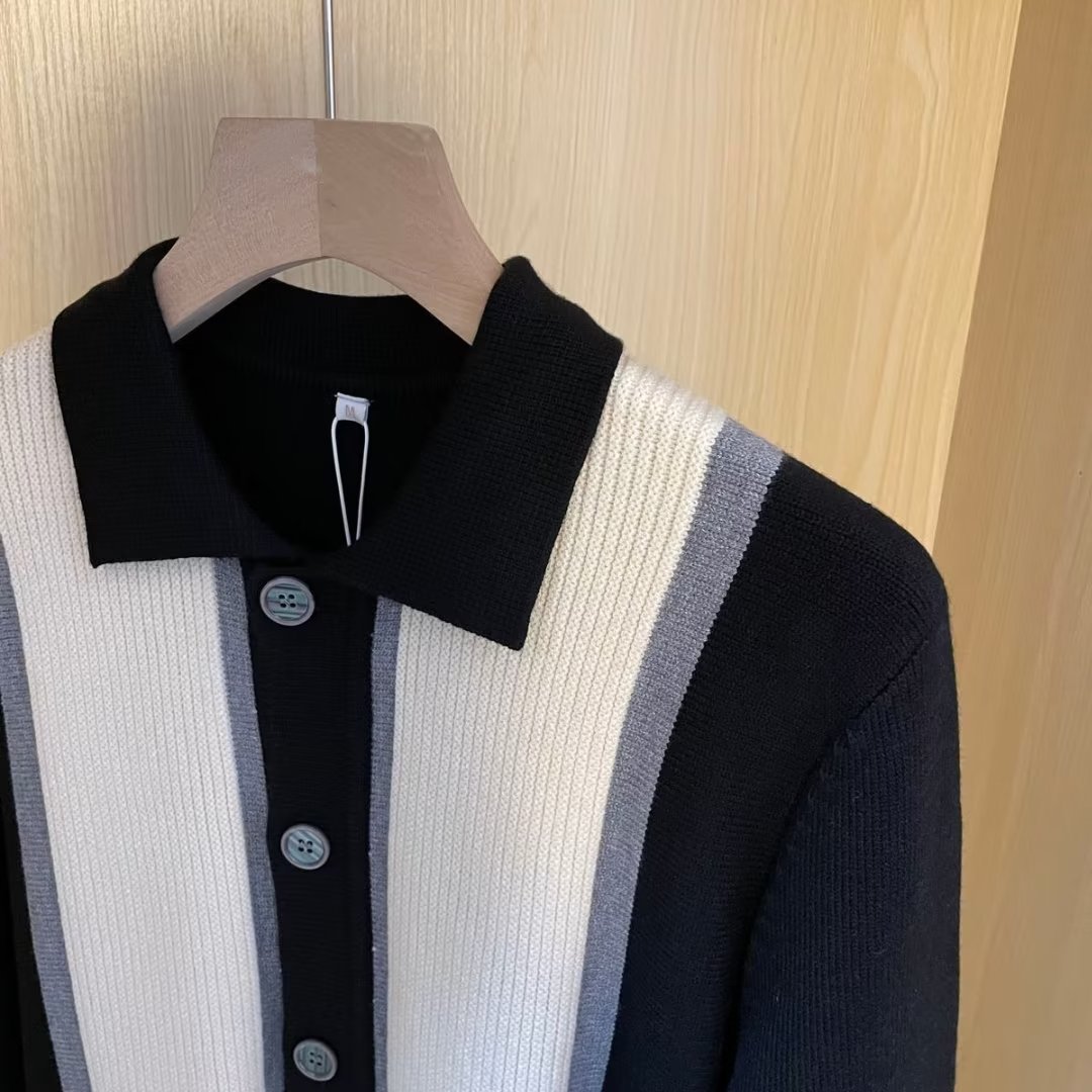 Otoño e invierno nuevo estilo de punto de manga larga para hombres chaqueta de punto a rayas POLO solapa negocios británicos comercio exterior venta al por mayor transfronteriza