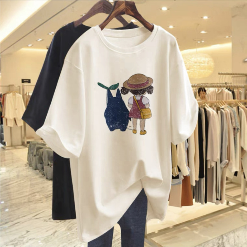 2024 Summer new pure cotton short-sleeved white T-shirt Women's Mid-length butt covering loose round neck printed top fashion