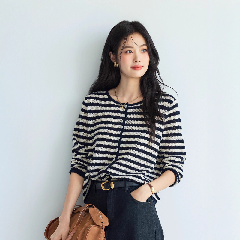 Yi*L Striped Cardigan Versatile Workplace Hollow Slimming Lace Knitwear 2025 Autumn New Women's 1g8932331