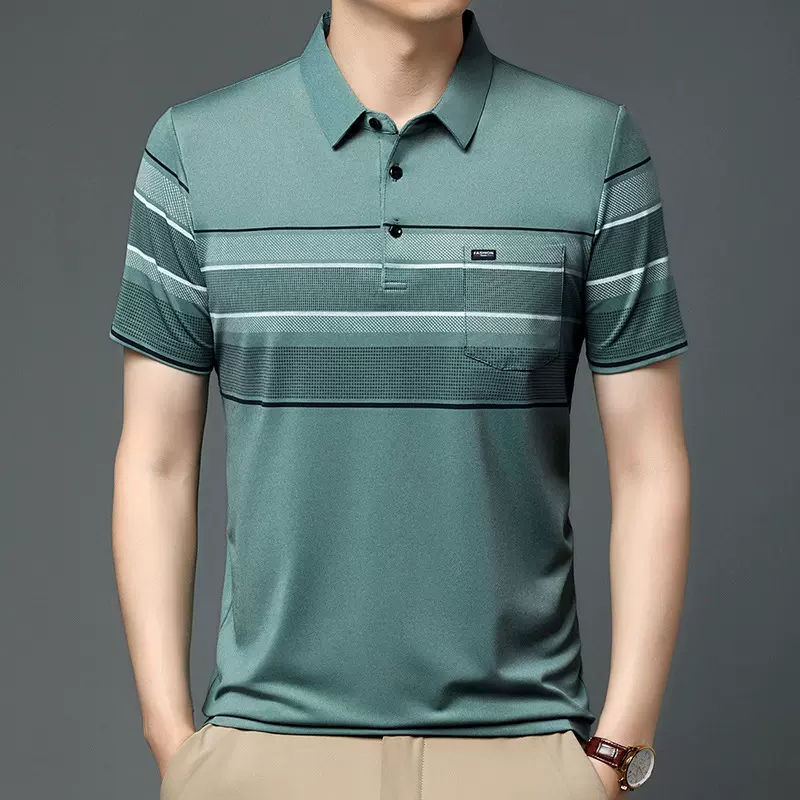 2025夏季新款男士中青年翻领条纹冰爽透气口袋休闲短袖体恤POLO衫