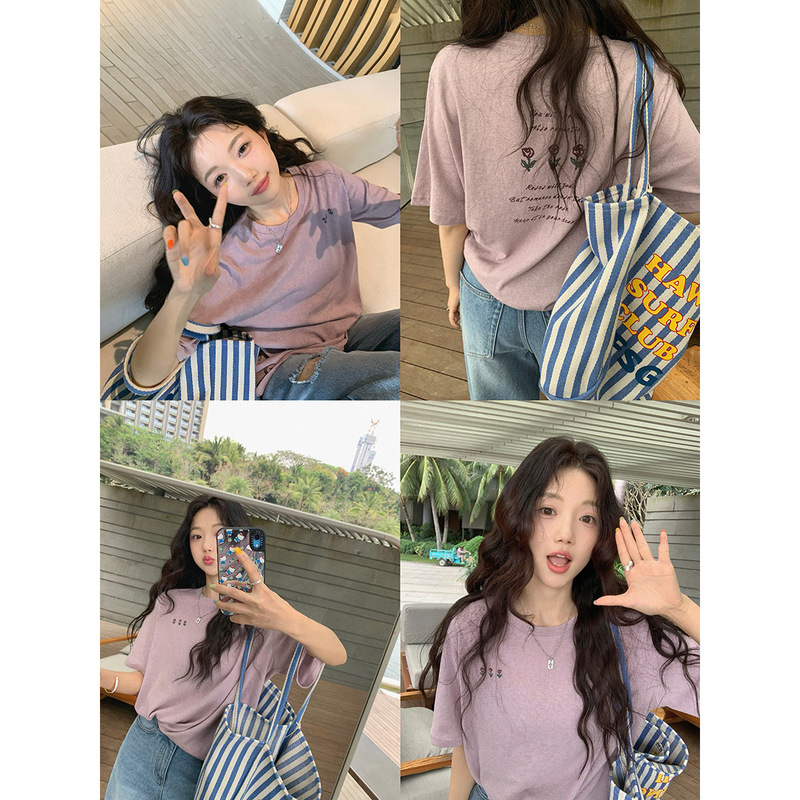 Zhang Beibei Ibell Snowflake Cotton Japanese-Style Energetic Rose Print T-Shirt with a Unique Design, Loose Fit, and Versatile # 3407J