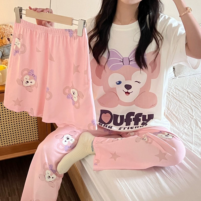 Пижама женская летняя тройка с короткими рукавами брюки 2024 новый ветер мультфильм сладкая леди в домашней одежде