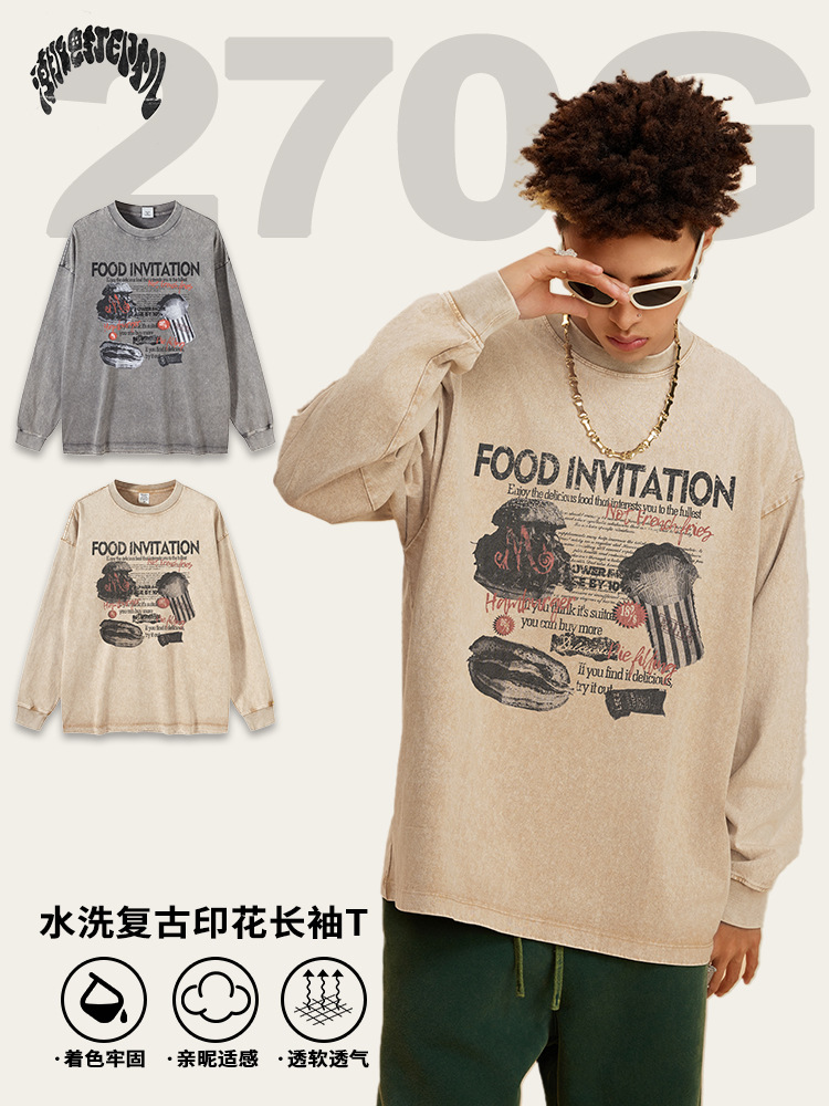 2025 otoño marca de moda americana algodón retrógrado lavado tinta impresión marca de moda suelta camiseta de manga larga hombre
