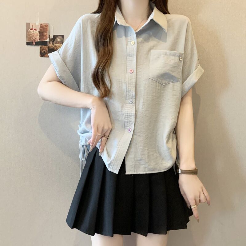 Light Blue Short-Sleeved Shirt for Women 2026 Summer Design with Lapel Drawstring Loose Fit Korean Style Casual Slimming Trendy