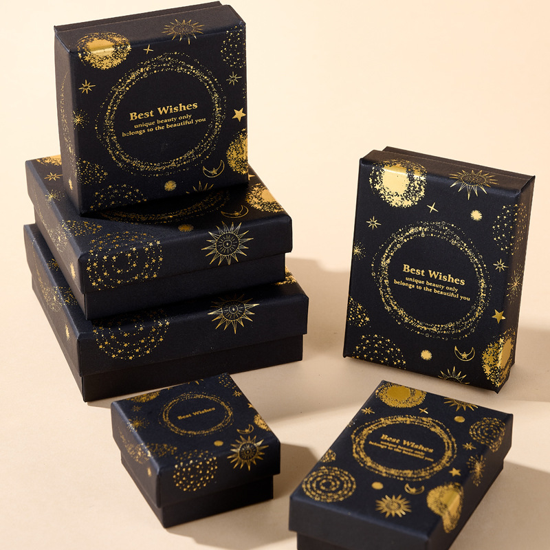 In Stock Black Hot Stamping Jewelry Box Classic Gold-Plated Watch Box Accessory Packaging Box Luxury Earring Ring Necklace Box