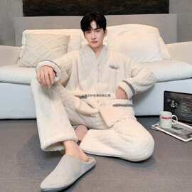 秋冬睡衣男士中老年款多色加厚保暖法兰绒可外穿开衫家居服收腹