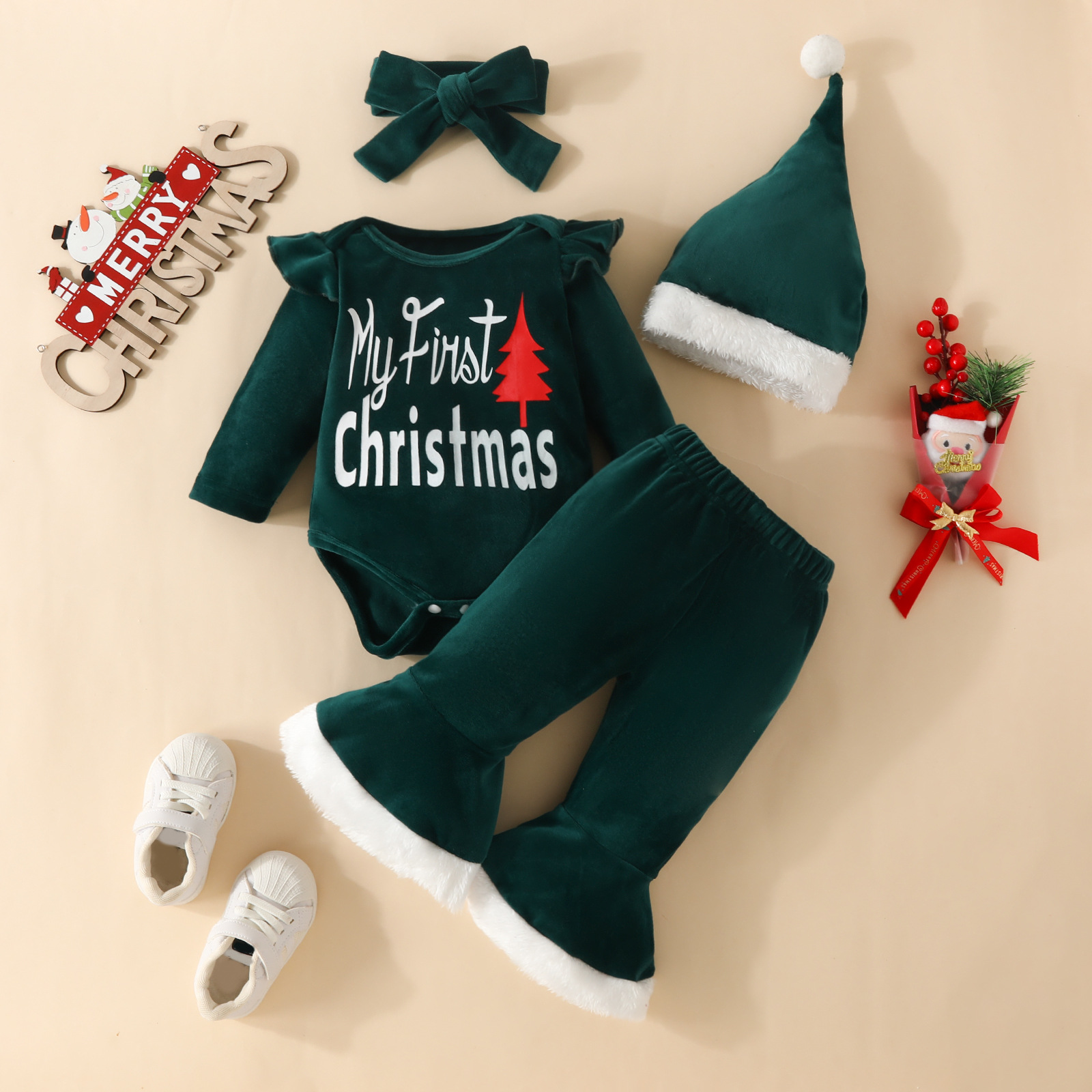Cross-Border 4PCs Niño "Navidad" carta de impresión volando manga larga Top + pantalones acampanados + pañuelo + sombrero