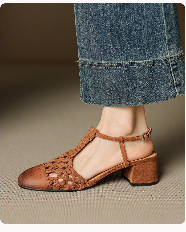Sandal nữ quai ngang gót thô 5 cm, dây đan kiểu La Mã — màu nâu chi tiết 15
