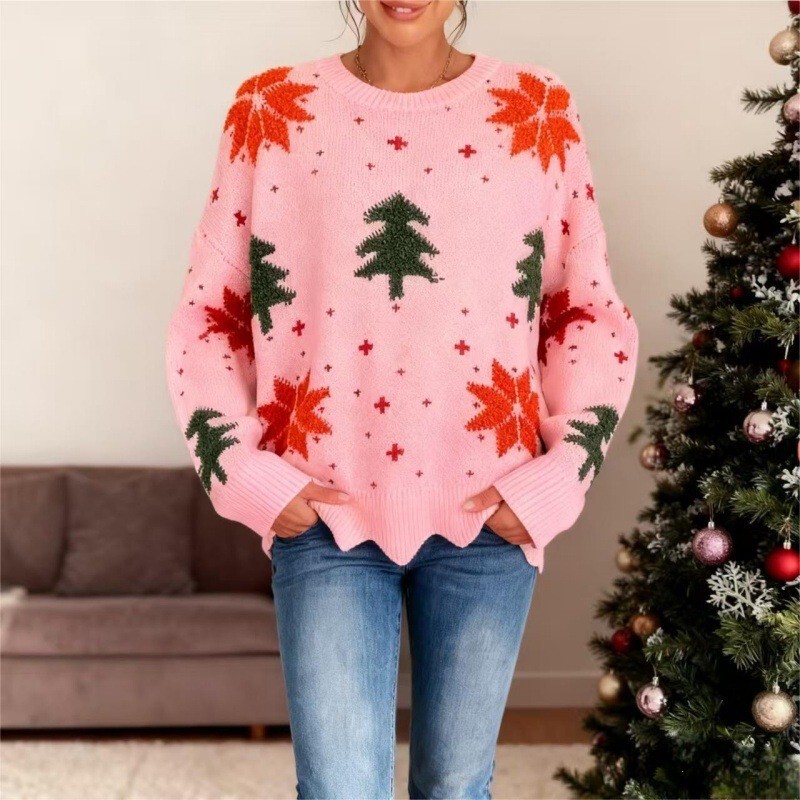 Christmas Pullover Knitted Sweater Loose Jacket Women's Foreign Trade Cross-Border New Autumn and Winter Round Neck Embroidered Women's Knitted Sweater Christmas Pullover Knitted Sweater Loose Jacket Women's Foreign Trade Cross-Border New Autumn and Winter Round Neck Embroidered Women's Knitted Sweater