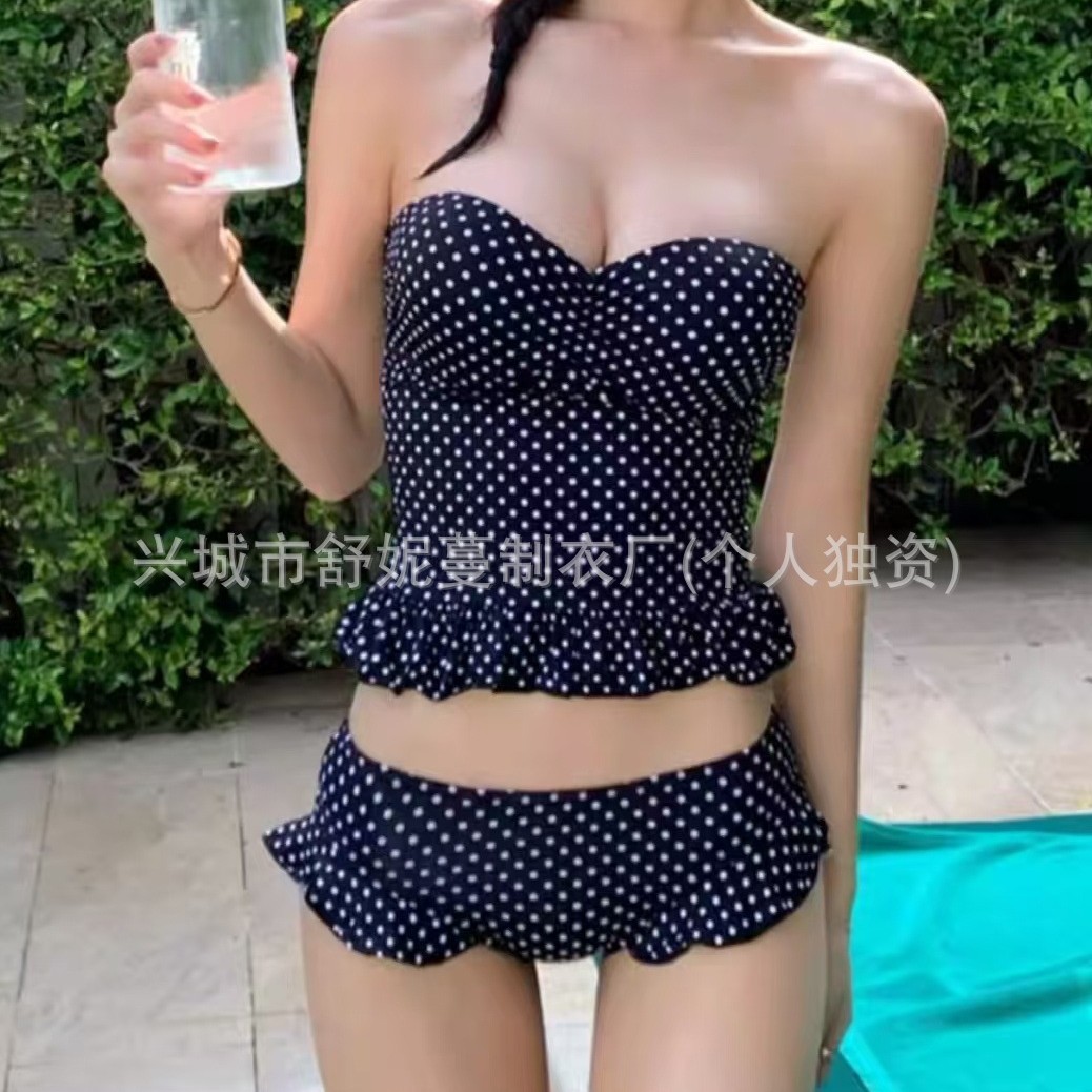 French-Style Spicy Girl Polka Dot Retro Tie Halter Neck Camisole with Chest Pads, Beautiful Back, Ruffled Hem Swimsuit