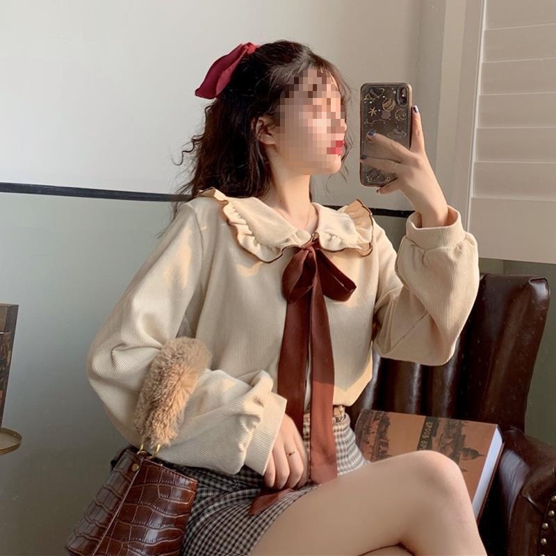 Wholesale Women's Shirts for Spring and Autumn, New Corduroy French Retro Doll Collar Tops with Unique Design, Niche Hong Kong Style Long Sleeves