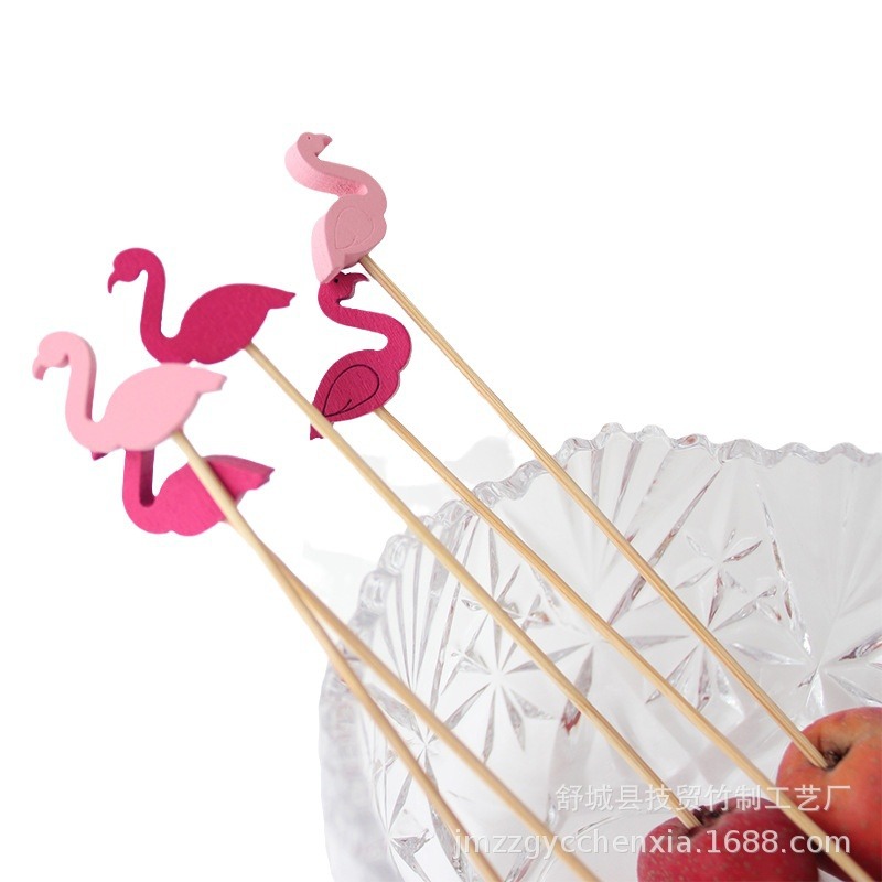 Flamingo rojo 100 pcs/paquete de palos de frutas brochetas de cuentas de rosa de dos colores fabricantes de palos de cóctel palos de bambú al por mayor