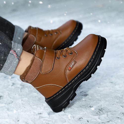 Children's Martin Boots with Fleece, Boys' Winter Student Black Cotton Leather Shoes, New Fall and Winter Boys' Leather Boots