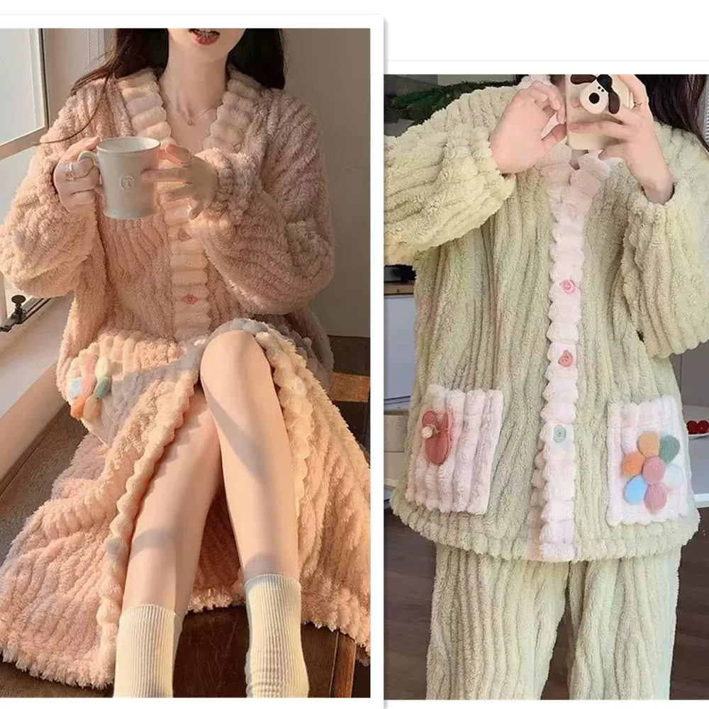秋冬季彩虹睡袍开衫睡衣套装家居服女珊瑚绒加厚保暖月子服两件套