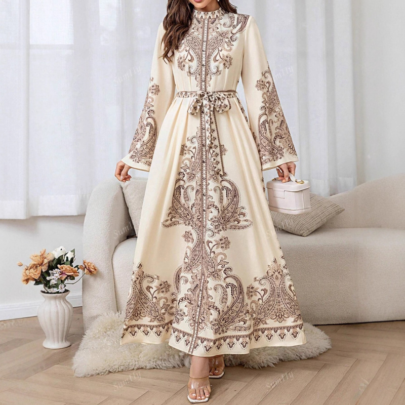 Aliexpress New Retro Palace Style Long Dress European and American Trumpet Sleeve Waist Printed Dress Aliexpress New Retro Palace Style Long Dress European and American Trumpet Sleeve Waist Printed Dress