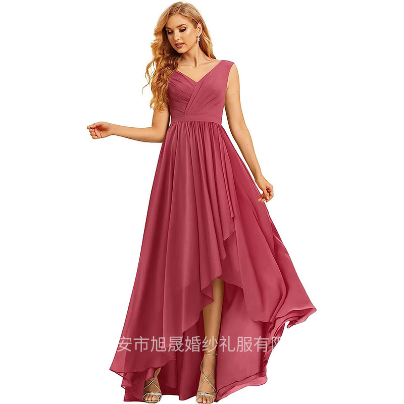 High and Low Front Short Back Long Bridesmaid Dress Chiffon Pleated Evening Dress High Waist Sleeveless Long Irregular Dress