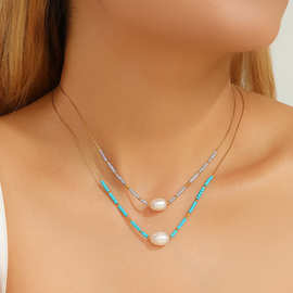 巴洛克珍珠时尚款天然绿松石项链女细不掉色高级设计感钛钢锁骨链