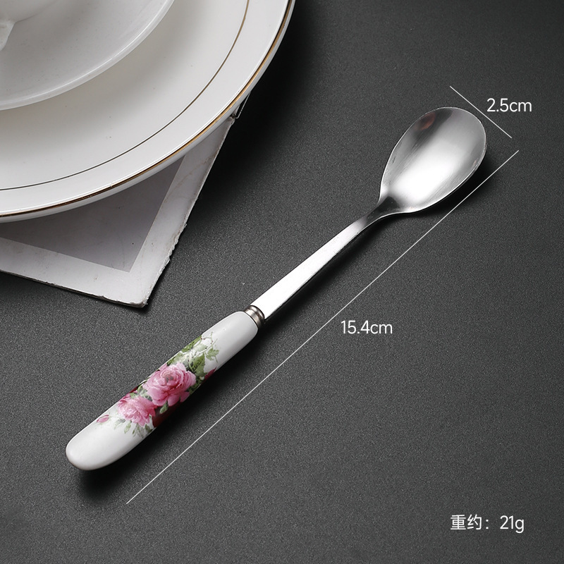 陶瓷多色花纹时尚创意长柄勺子酒店厨房搅拌勺配咖啡杯不绣钢彩釉|undefined