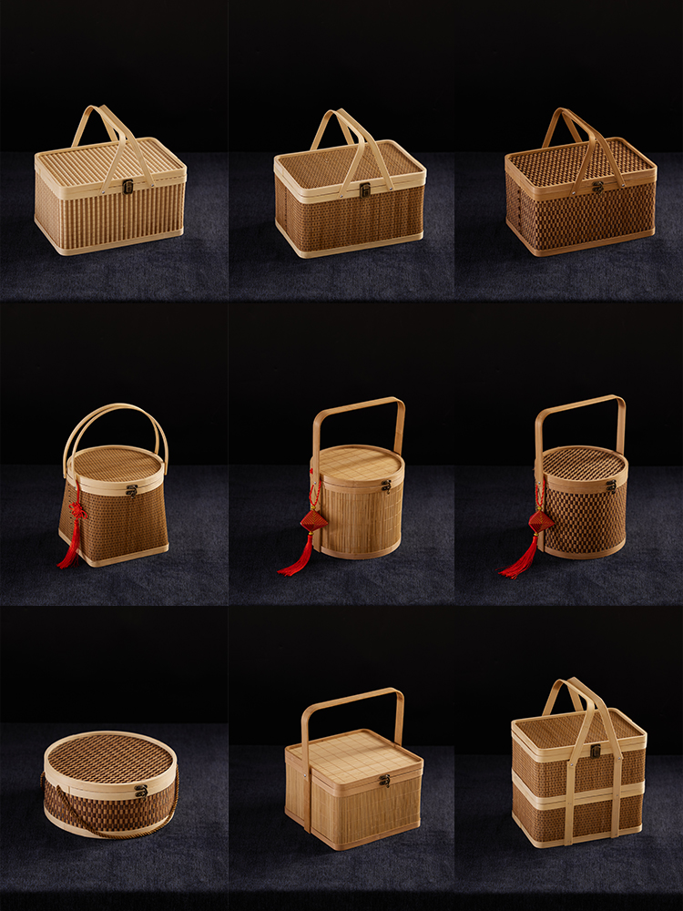 手提竹篮粽子水果端午高档竹编双层年货腊肉香肠礼盒外包装礼品盒