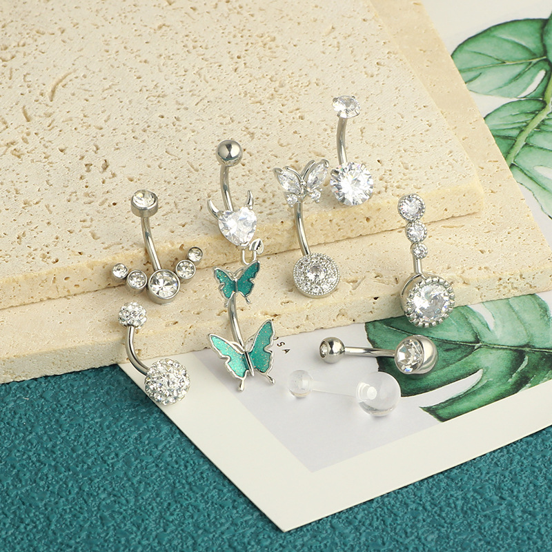 Wholesale Rose Gold Set Butterfly Stainless Steel Diamond CZ Flower Navel Ring Belly Button Piercing Jewelry 9-Piece detail image 13