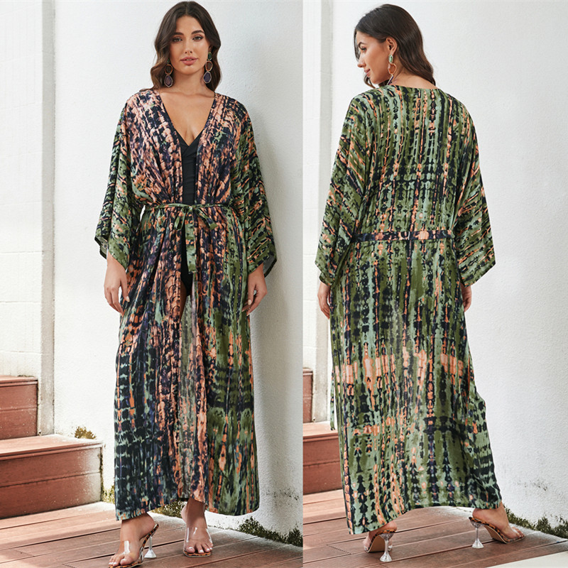 European And American Rayon Water Print Beach Cover up Sexy Loose Cardigan Swimsuit Bikini for Women_ecoleips.com