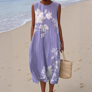 2025 Cross-Border New Floral Element Shading 3D Digital Printing Loose Casual Women's Sleeveless Dress