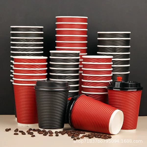 Disposable Paper Cups, Double-Layer Corrugated Cups, Leak-Proof Coffee and Milk Tea Takeaway Packaging Cups with Lids, Disposable Paper Cups Can Be Customized