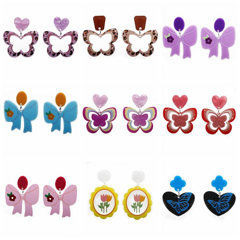 Europa y América simple púrpura amor mariposa contraste color acrílico Stud pendientes verano acrílico arco pendientes