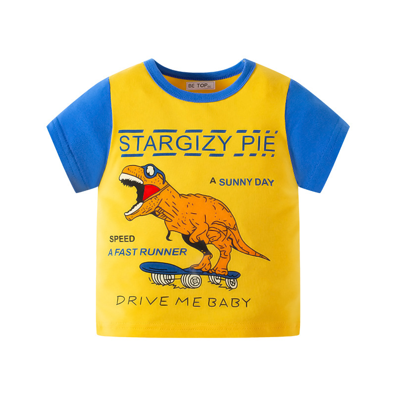 Niños de dibujos animados de manga corta nuevo patrón de dinosaurio manga bebé niños Camiseta estilo coreano ropa de punto INS ropa infantil al por mayor