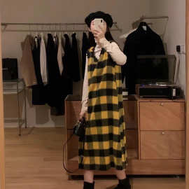 长裙向日葵同款outfit女士v领蕾丝格子羊毛连衣裙日韩休闲