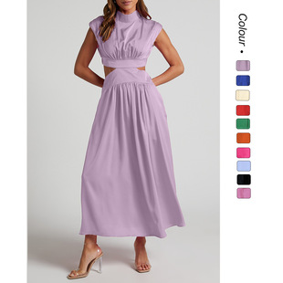 25 Years of European and American Export Sweet and Fashionable Street Summer Stand-Up Collar Macaron Color Waist-Revealing Long Dress 23003