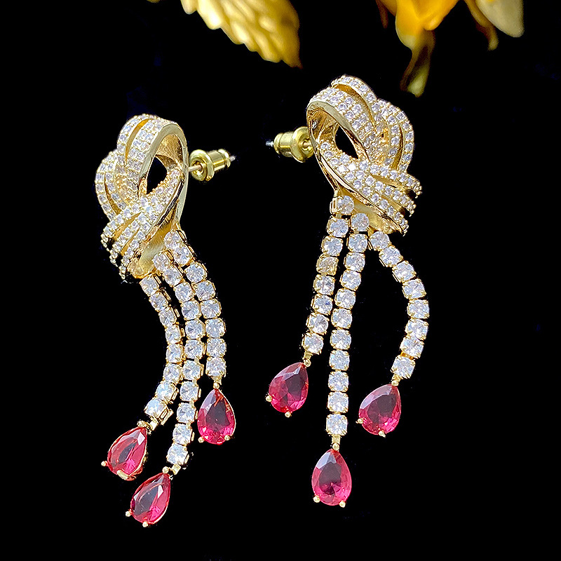 1 Pair Lady Water Droplets Knot Tassel Inlay Copper Zircon Drop Earrings display picture 5