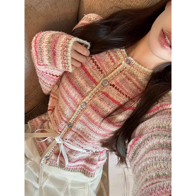 早安樊樊 重工粉色条纹小香针织开衫女秋气质减龄感显瘦毛衣外套|undefined