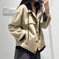 古咖服饰秋季韩版针织连帽可脱卸外套女式内里有里衬工装休闲开衫