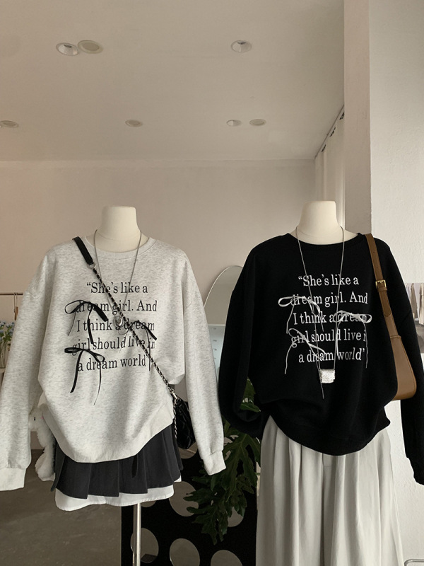 欧玛莱 蝴蝶结字母印花卫衣女宽松显瘦圆领长袖上衣秋季韩系 4365|undefined