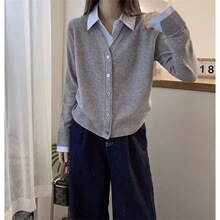 山力达迪韩版拼接毛衣衬衫领假两件女春季2026新款设计感软糯针织