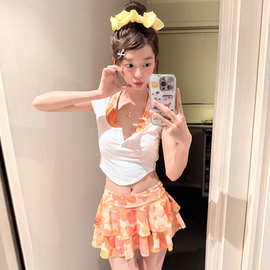 日韩学生比基尼泳衣女新款短袖罩衫分体四件套裙式显瘦泡温泉泳装